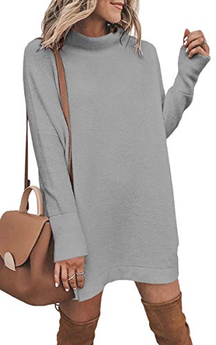 ECOWISH Damen Rollkragen Strickkleid Einfarbig Pullover Kleid Casual Lose Herbst Kleid Grau S von ECOWISH