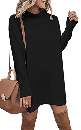 ECOWISH Damen Rollkragen Strickkleid Einfarbig Pullover Kleid Casual Lose Herbst Kleid Schwarz L von ECOWISH