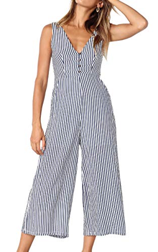 ECOWISH Damen Sommer Lang Jumpsuit Ärmellos Rückenfrei V Ausschnitt Overall Button Down Breites Bein Casual Hosenanzug mit Taschen 098 Blau L von ECOWISH