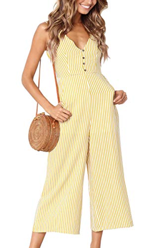 ECOWISH Damen Sommer Lang Jumpsuit Ärmellos Rückenfrei V Ausschnitt Overall Button Down Breites Bein Casual Hosenanzug mit Taschen 098 Gelb M von ECOWISH