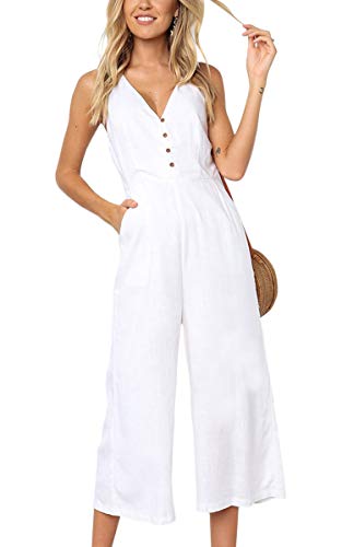 ECOWISH Damen Sommer Lang Jumpsuit Ärmellos Rückenfrei V Ausschnitt Overall Button Down Breites Bein Casual Hosenanzug mit Taschen 103 Weiß S von ECOWISH