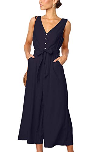 ECOWISH Damen Sommer Lang Jumpsuit Ärmellos Rückenfrei V Ausschnitt Overall Button Down Breites Bein Casual Hosenanzug mit Taschen 272 Navy Blau XL von ECOWISH