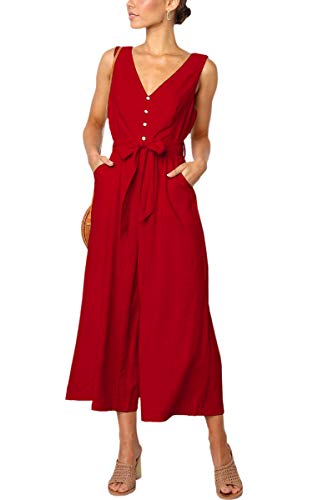 ECOWISH Damen Sommer Lang Jumpsuit Ärmellos Rückenfrei V Ausschnitt Overall Button Down Breites Bein Casual Hosenanzug mit Taschen 272 Rot L von ECOWISH