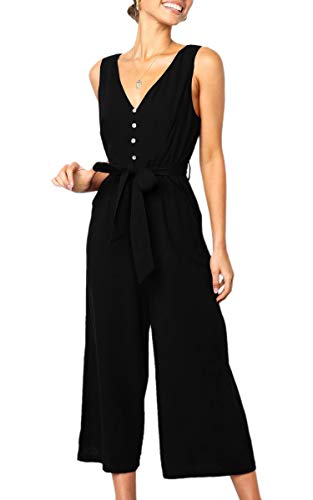 ECOWISH Damen Sommer Lang Jumpsuit Ärmellos Rückenfrei V Ausschnitt Overall Button Down Breites Bein Casual Hosenanzug mit Taschen 272 Schwarz L von ECOWISH