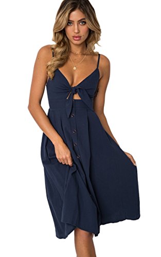 ECOWISH Damen V Ausschnitt A-Linie Kleid Träger Rückenfreies Kleider Sommerkleider Strandkleider Knielang Navy Blau S von ECOWISH