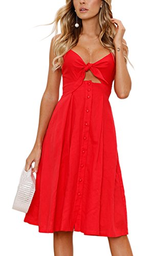 ECOWISH Damen V Ausschnitt A-Linie Kleid Träger Rückenfreies Kleider Sommerkleider Strandkleider Knielang Rot L von ECOWISH