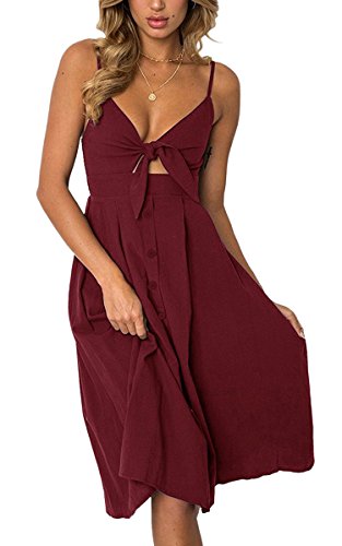 ECOWISH Damen V Ausschnitt A-Linie Kleid Träger Rückenfreies Kleider Sommerkleider Strandkleider Knielang Weinrot L von ECOWISH