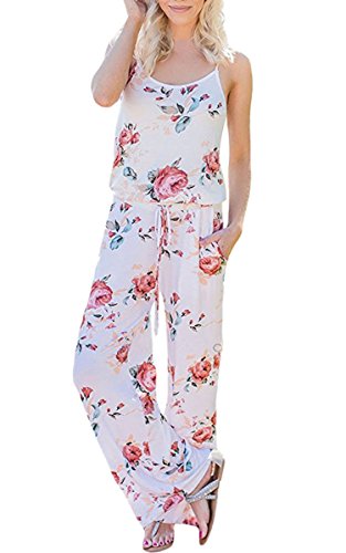 ECOWISH Jumpsuit Damen Elegant Sommer Hosenanzug Blumenmuster Ärmellos Overall Romper Weiß M von ECOWISH