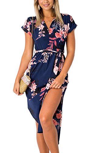 ECOWISH Sommerkleider Damen Kurzarm V-Ausschnitt Strand Blumen Kleider Abendkleid Knielang Blau 2XL von ECOWISH