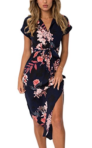 ECOWISH Sommerkleider Damen Kurzarm V-Ausschnitt Strand Blumen Kleider Abendkleid Knielang Schwarz 2XL von ECOWISH