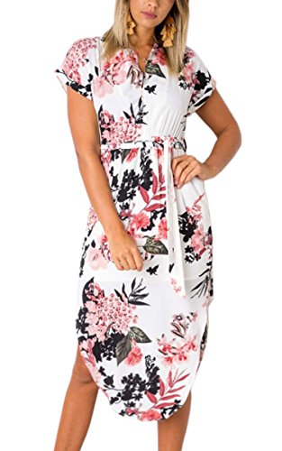 ECOWISH Sommerkleider Damen Kurzarm V-Ausschnitt Strand Blumen Kleider Abendkleid Knielang Weiß Neu 3XL von ECOWISH