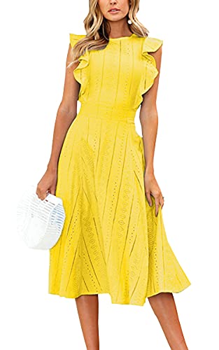 ECOWISH Spitzenkleid Damen Rundhals Ärmellos Sommerkleider Strandkleider A-Linien Kleid Abendkleid Cocktailkleider Knielang Gelb L von ECOWISH