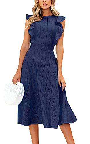 ECOWISH Spitzenkleid Damen Rundhals Ärmellos Sommerkleider Strandkleider A-Linien Kleid Abendkleid Cocktailkleider Knielang Navy blau XL von ECOWISH