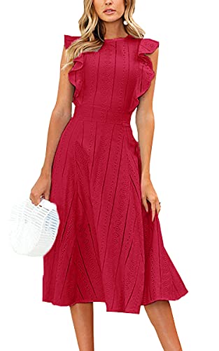 ECOWISH Spitzenkleid Damen Rundhals Ärmellos Sommerkleider Strandkleider A-Linien Kleid Abendkleid Cocktailkleider Knielang Rot L von ECOWISH