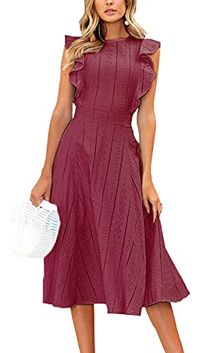 ECOWISH Spitzenkleid Damen Rundhals Ärmellos Sommerkleider Strandkleider A-Linien Kleid Abendkleid Cocktailkleider Knielang Weinrot S von ECOWISH