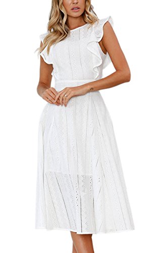 ECOWISH Spitzenkleid Damen Rundhals Ärmellos Sommerkleider Strandkleider A-Linien Kleid Abendkleid Cocktailkleider Knielang Weiß S von ECOWISH