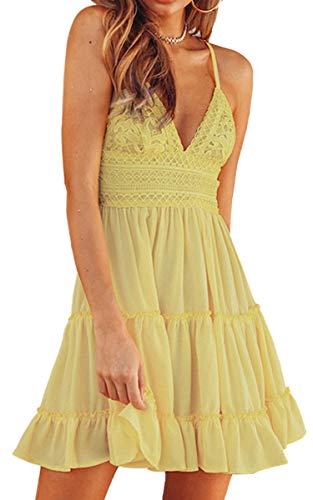 ECOWISH V Ausschnitt Kleid Damen Spitzenkleid Träger Rückenfreies Kleider Sommerkleider Strandkleider Gelb L von ECOWISH