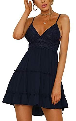 ECOWISH V Ausschnitt Kleid Damen Spitzenkleid Träger Rückenfreies Kleider Sommerkleider Strandkleider Navy blau XL von ECOWISH