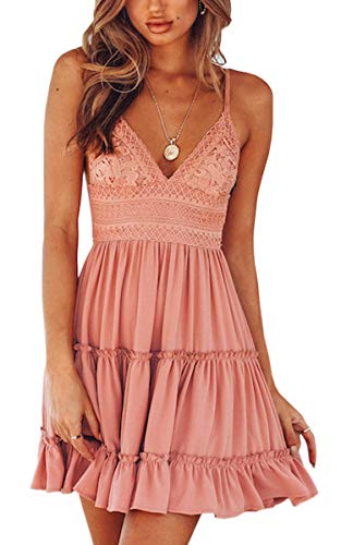 ECOWISH V Ausschnitt Kleid Damen Spitzenkleid Träger Rückenfreies Kleider Sommerkleider Strandkleider Rosa-1 L von ECOWISH