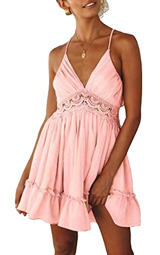 ECOWISH V Ausschnitt Kleid Damen Spitzenkleid Träger Rückenfreies Kleider Sommerkleider Strandkleider Weiß (EU L(40), Rosa) von ECOWISH