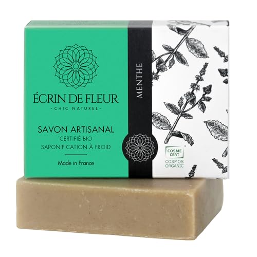 Écrin De Fleur - Bio Minzseife Stück, Herren All-in-One Seife, Gesicht, Körperwäsche, Haare und Rasur, Handgefertigt in Frankreich mit Spearmintöl, Pfefferminzöl und Minzblätterpulver 1x90g von ÉCRIN DE FLEUR