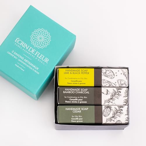 Geschenkset mit 3 kaltgepressten Bio-Seifen für Männer (Zeder, Limette und schwarzer Pfeffer, Holzkohle und Zeder, 3x90g) von ÉCRIN DE FLEUR