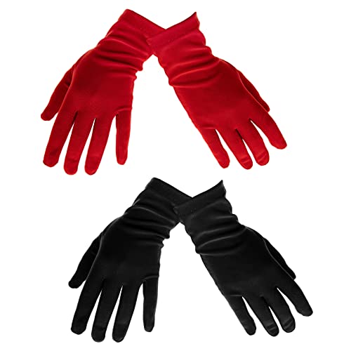 ECSiNG 2 Paar kurze Satinhandschuhe Teeparty Halloween Kostüm Handschuhe Damen Kleid Handschuhe Opera Hochzeit Bankett Kleid Handschuh für Party Tanz 22cm Schwarz und Rot, schwarz / rot, 22 cm von ECSiNG