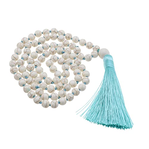 ECSiNG 8mm Weiß Türkis Halskette Boho Vintage Lange Perlen Quaste Handgefertigt-Knoten Retro Halskette Runde Kugel Perle Edelstein Anhänger Schmuck für Frauen 52cm von ECSiNG