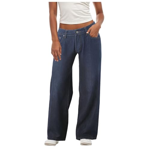 ECUNGWUA Baggy Jeans Damen Low Waist Jeanshose Wide Leg Stretch Jeans Y2k Hose Lockere Freizeithosen Teenager Mädchen Streetwear (Dark Blue-b, M) von ECUNGWUA