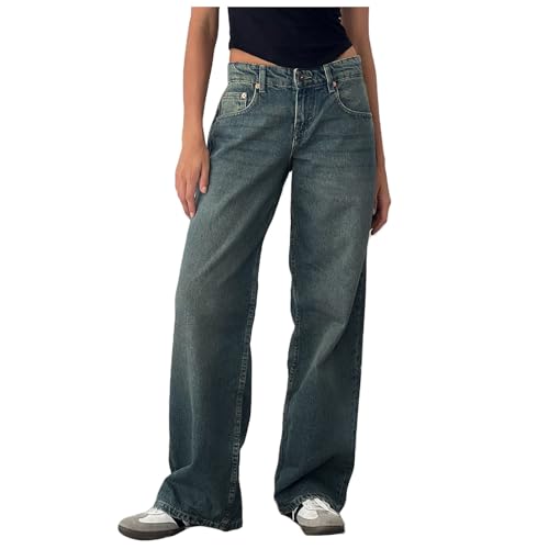 ECUNGWUA Baggy Jeans Damen Low Waist Jeanshose Wide Leg Stretch Jeans Y2k Hose Lockere Freizeithosen Teenager Mädchen Streetwear (Nostalgic Blue, S) von ECUNGWUA