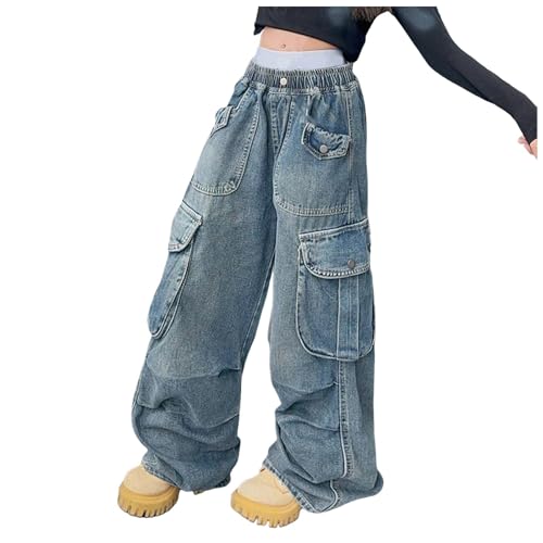 ECUNGWUA Baggy Jeans Mädchen Y2K Vintage Weitem Bein Jeanshose Denim Hose Kinder High Waist Freizeithose mit Taschen Teenager Mädchen Streetwear (011-Blue, 10-11 Years) von ECUNGWUA