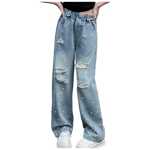 ECUNGWUA Baggy Jeans Mädchen Y2K Vintage Weitem Bein Jeanshose Denim Hose Kinder High Waist Freizeithose mit Taschen Teenager Mädchen Streetwear (014-Ripped Holes, 8-9 Years) von ECUNGWUA