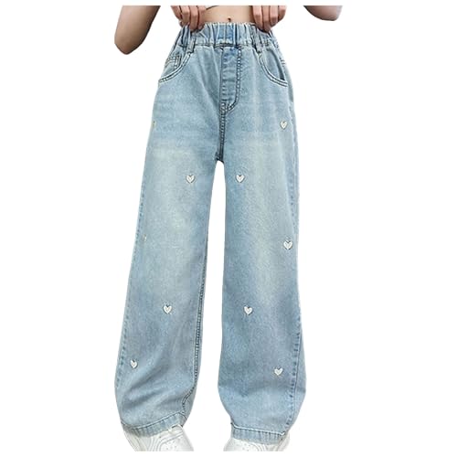 ECUNGWUA Baggy Jeans Mädchen Y2K Vintage Weitem Bein Jeanshose Denim Hose Kinder High Waist Freizeithose mit Taschen Teenager Mädchen Streetwear (018-White Heart, 7-8 Years) von ECUNGWUA