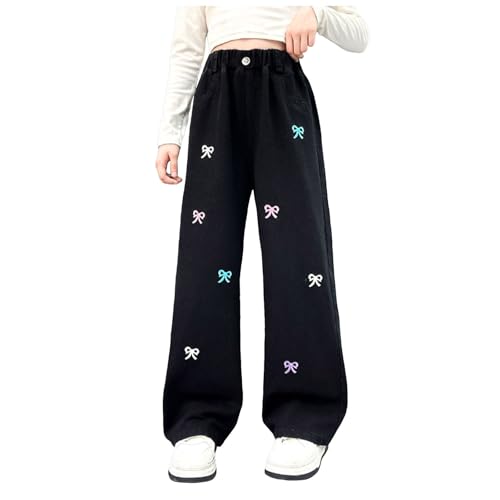 ECUNGWUA Baggy Jeans Mädchen Y2K Vintage Weitem Bein Jeanshose Denim Hose Kinder High Waist Freizeithose mit Taschen Teenager Mädchen Streetwear (022-Bow Embroidery, 9-10 Years) von ECUNGWUA
