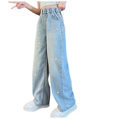 ECUNGWUA Baggy Jeans Mädchen Y2K Vintage Weitem Bein Jeanshose Denim Hose Kinder High Waist Freizeithose mit Taschen Teenager Mädchen Streetwear (07-Love Embroidery, 10-11 Years) von ECUNGWUA