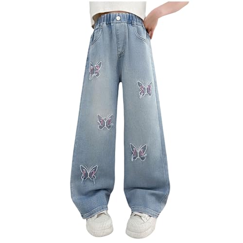 ECUNGWUA Baggy Jeans Mädchen Y2K Vintage Weitem Bein Jeanshose Denim Hose Kinder High Waist Freizeithose mit Taschen Teenager Mädchen Streetwear (7-8 Years) von ECUNGWUA