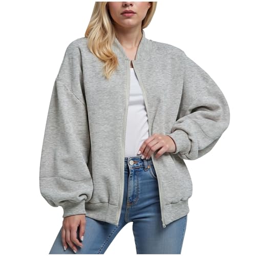 ECUNGWUA Bomberjacke Damen Langarm Pilotenjacke Kurze Bomber Jacke Herbst Winter Übergangsjacke Oversize Y2k Streetwear (Light Gray, XXL) von ECUNGWUA