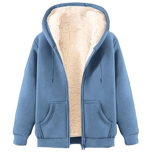 ECUNGWUA Fleecejacke Damen Winterjacke Warm Langarm ReißVerschluss Teddyjacke Große Größen Einfarbige Übergangsjacke mit Kapuze Herbst Winter Bekleidung Teenager Mädchen (Blue, L) von ECUNGWUA