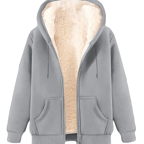 ECUNGWUA Fleecejacke Damen Winterjacke Warm Langarm ReißVerschluss Teddyjacke Große Größen Einfarbige Übergangsjacke mit Kapuze Herbst Winter Bekleidung Teenager Mädchen (Light Gray, M) von ECUNGWUA