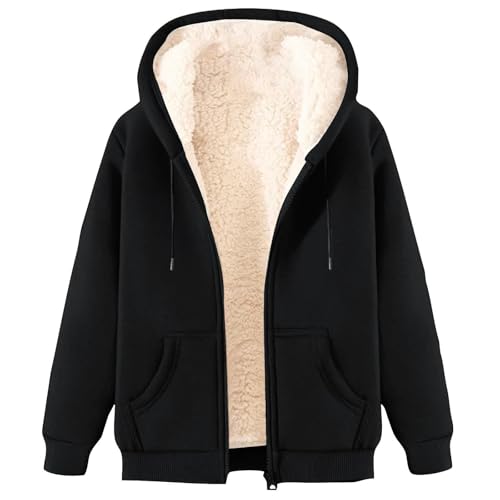 ECUNGWUA Fleecejacke Damen Winterjacke Warm Langarm ReißVerschluss Teddyjacke Große Größen Einfarbige Übergangsjacke mit Kapuze Herbst Winter Bekleidung Teenager Mädchen (M) von ECUNGWUA