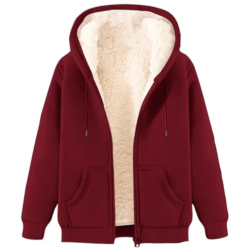 ECUNGWUA Fleecejacke Damen Winterjacke Warm Langarm ReißVerschluss Teddyjacke Große Größen Einfarbige Übergangsjacke mit Kapuze Herbst Winter Bekleidung Teenager Mädchen (M) von ECUNGWUA