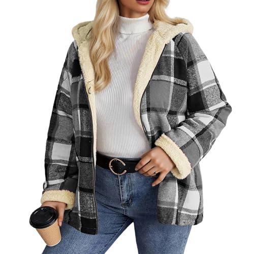 ECUNGWUA Fleecejacke Damen Winterjacke Warm Teddyjacke Kariert Plüschjacke Langarm Reißverschluss Übergangsjacke mit Kapuze Große Größen Herbst Winter Mantel (Grey, L) von ECUNGWUA