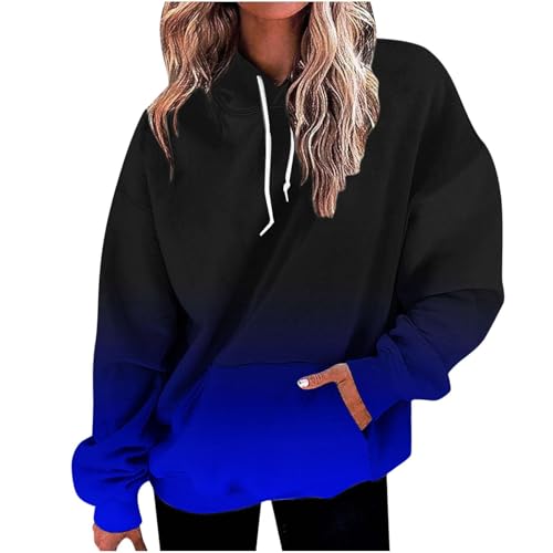 ECUNGWUA Hoodie Damen Oversize Kapuzenpullover Langarm Fleece Sweatshirt Farbverlauf Basic Pullover mit Kapuze Herbst Winter Warme Oberteile Teenager Mädchen Tops (02-Dark Blue, L) von ECUNGWUA