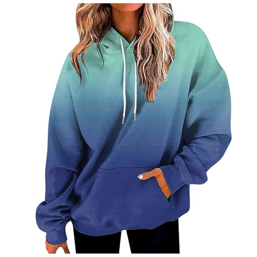 ECUNGWUA Hoodie Damen Oversize Kapuzenpullover Langarm Fleece Sweatshirt Farbverlauf Basic Pullover mit Kapuze Herbst Winter Warme Oberteile Teenager Mädchen Tops (03-Blue, XL) von ECUNGWUA