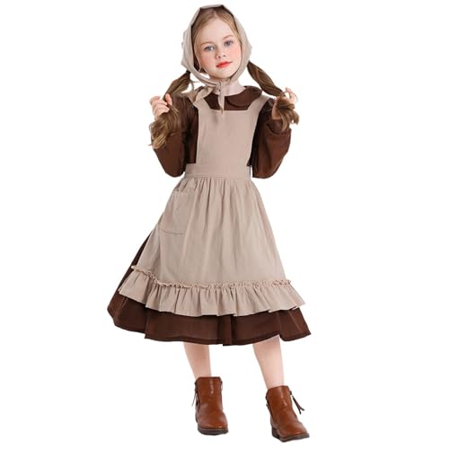 ECUNGWUA Kinder Dirndl Mädchen Trachtenkleid Kinderdirndl Komplettsets Oktoberfest Outfit Dirndl-Sets mit Dirndlbluse und Dirndlschürze Cosplay Outfits Mittelalter Kleidung Set (01-Coffee, 2-4 Years) von ECUNGWUA
