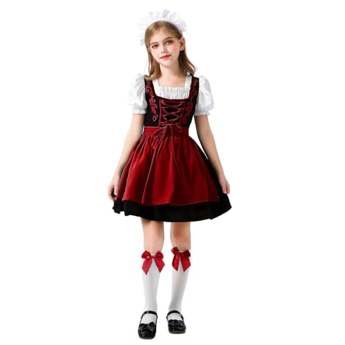 ECUNGWUA Kinder Dirndl Mädchen Trachtenkleid Kinderdirndl Komplettsets Oktoberfest Outfit Dirndl-Sets mit Dirndlbluse und Dirndlschürze Cosplay Outfits Mittelalter Kleidung Set (11-12 Years) von ECUNGWUA