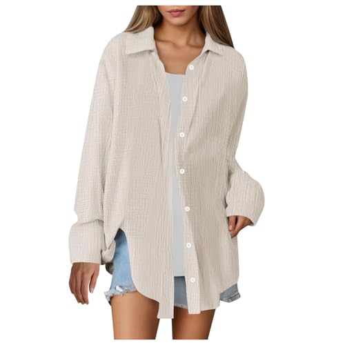 ECUNGWUA Musselin Bluse Damen Sommer Oversized Hemdbluse Elegant Langarm Leinenbluse Übergroße Longbluse Button-Down Blusen Locker Tunika Oberteile Longbluse(Beige, M) von ECUNGWUA