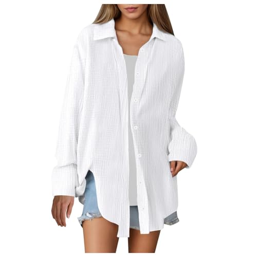 ECUNGWUA Musselin Bluse Damen Sommer Oversized Hemdbluse Elegant Langarm Leinenbluse Übergroße Longbluse Button-Down Blusen Locker Tunika Oberteile Longbluse Damen große größen(White, S) von ECUNGWUA