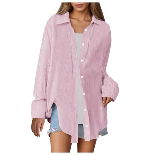 ECUNGWUA Musselin Bluse Damen Sommer Oversized Hemdbluse Elegant Langarm Leinenbluse Übergroße Longbluse Button-Down Blusen Locker Tunika Oberteile blusenkleid Damen(XXL) von ECUNGWUA
