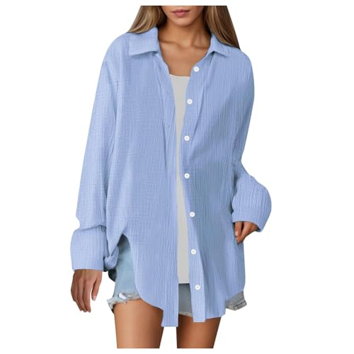 ECUNGWUA Musselin Bluse Damen Sommer Oversized Hemdbluse Elegant Langarm Leinenbluse Übergroße Longbluse Button-Down Blusen Locker Tunika Oberteile leinenbluse Damen(Sky Blue, L) von ECUNGWUA